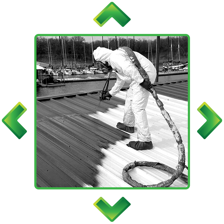 A black and white photo of a man spraying a roof