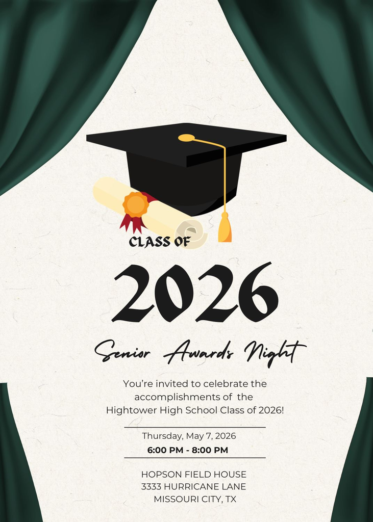 Senior Award Night poster with black cap, gold tassel, and green curtains for Class of 2026