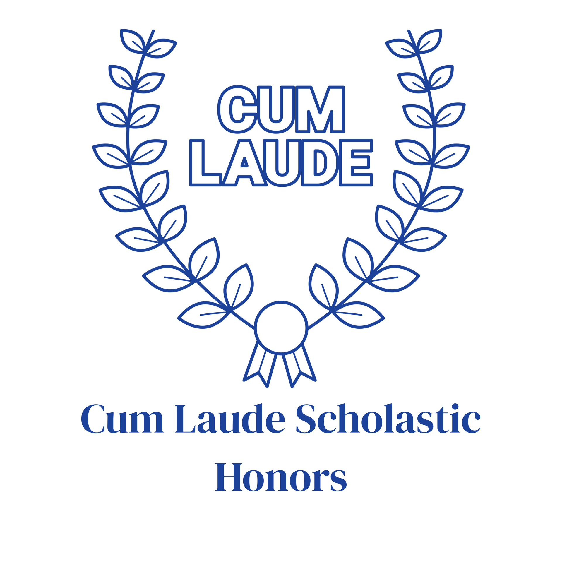 Blue laurel wreath with “CUM LAUDE” and “Cum Laude Scholastic Honors” text on white background