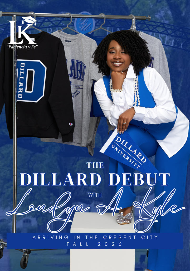 Londyn posing in blue-and-white outfit for “The Dillard Debut” poster with Dillard University logo.