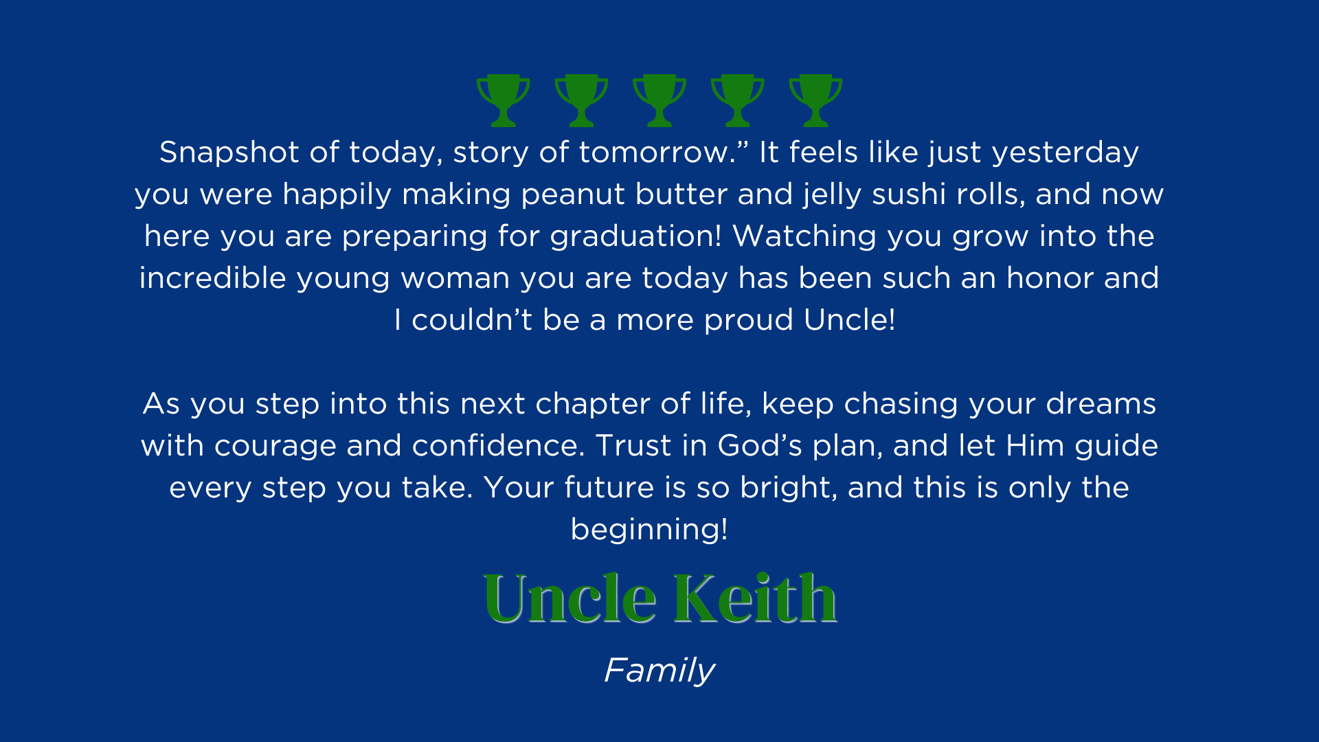 Blue graduation announcement card with trees, white text, and the name “Uncle Keith” at the bottom