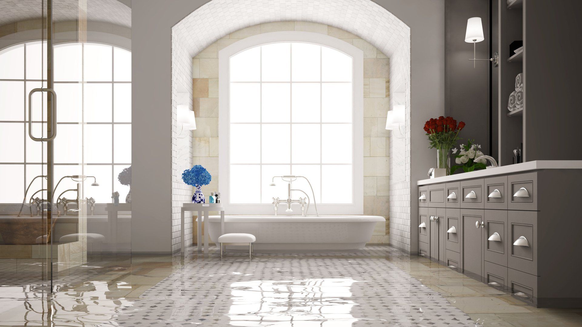 Ein Badezimmer mit Badewanne, Waschbecken und Dusche.