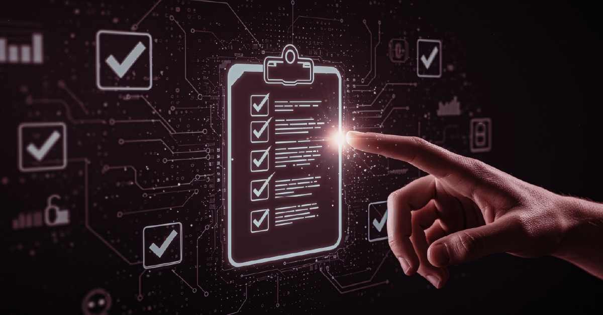 Mao tocando checklist digital com marcas de verificacao em painel tecnologico com circuitos e icones