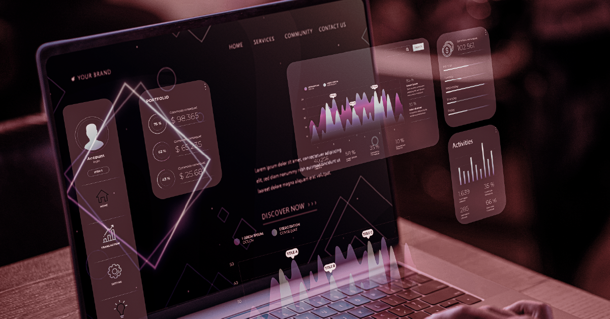 Notebook exibindo dashboard com gráficos, dados financeiros e painéis de portfolio e atividades.