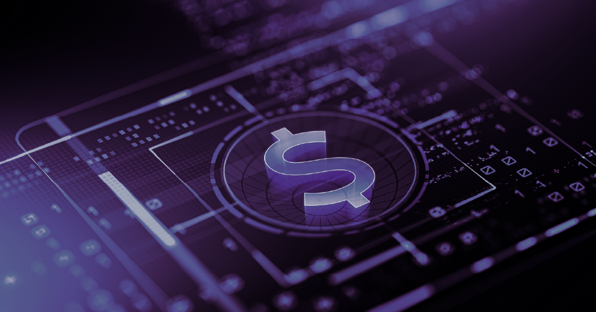 Símbolo do dólar em destaque sobre placa de circuito digital representando tecnologia e finanças.