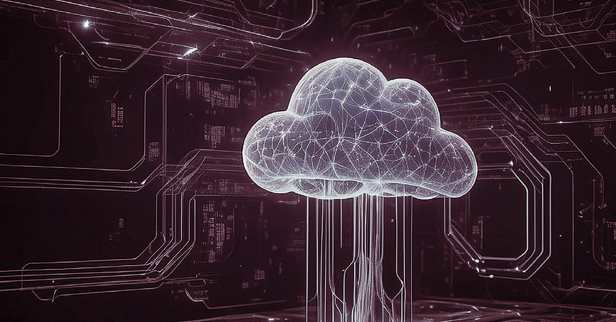 Nuvem digital conectada a circuitos representando cloud computing e infraestrutura de tecnologia.