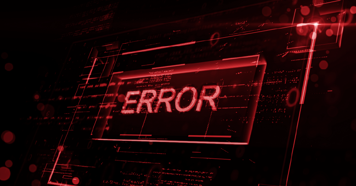 Tela digital vermelha exibindo mensagem de erro em interface de sistema com código e dados técnicos.
