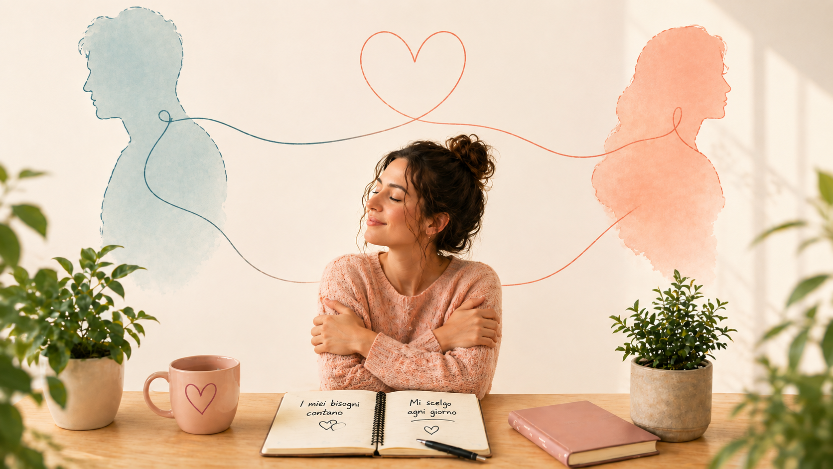 Woman at a desk with notebook and mug, surrounded by plant decor and colorful outlined figures on a bright wall.