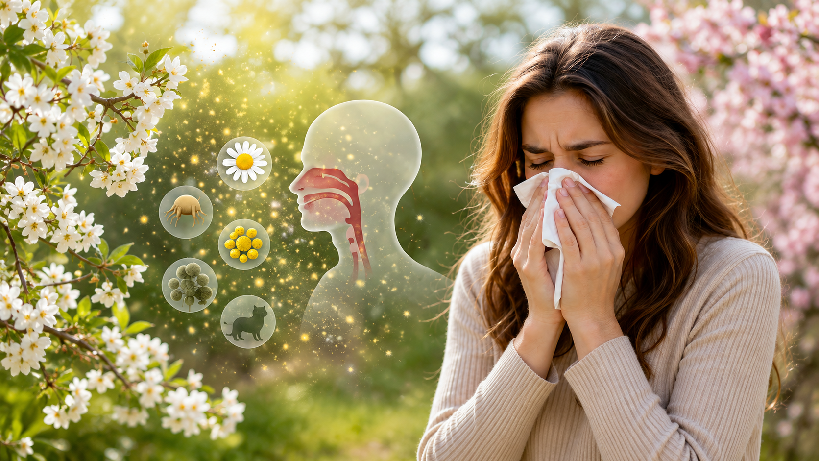 Woman sneezes outdoors in a field of flowers, with pollen icons showing an allergy reaction.