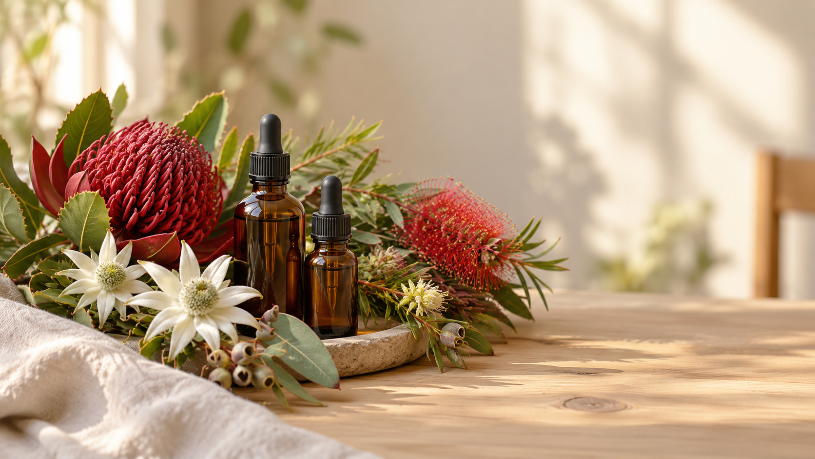 Australian Bush Flower Essences a Lugano, flaconi contagocce di essenze floreali accanto a waratah e fiori australiani