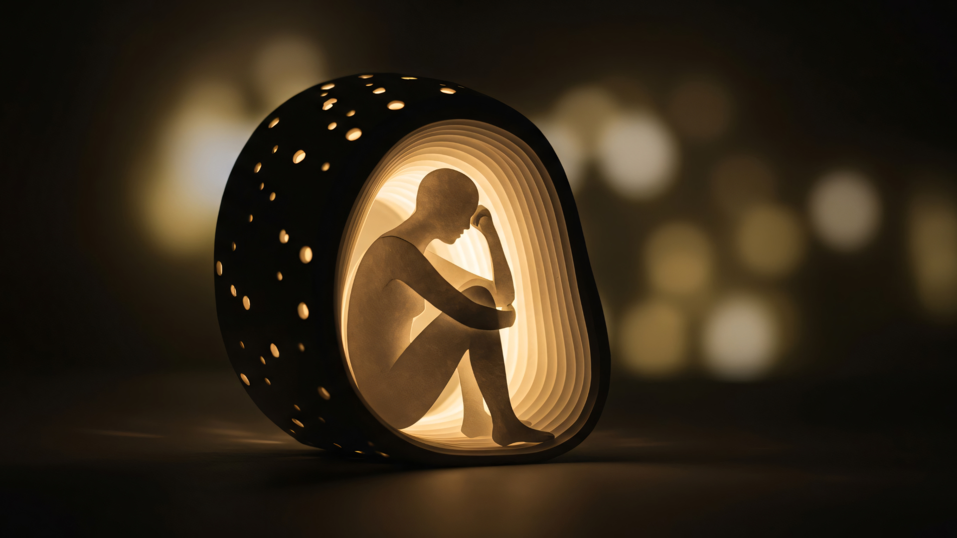 Una figura è seduta all'interno di una struttura illuminata, simile a un bozzolo, con la testa tra le mani e rivolta verso l'interno.