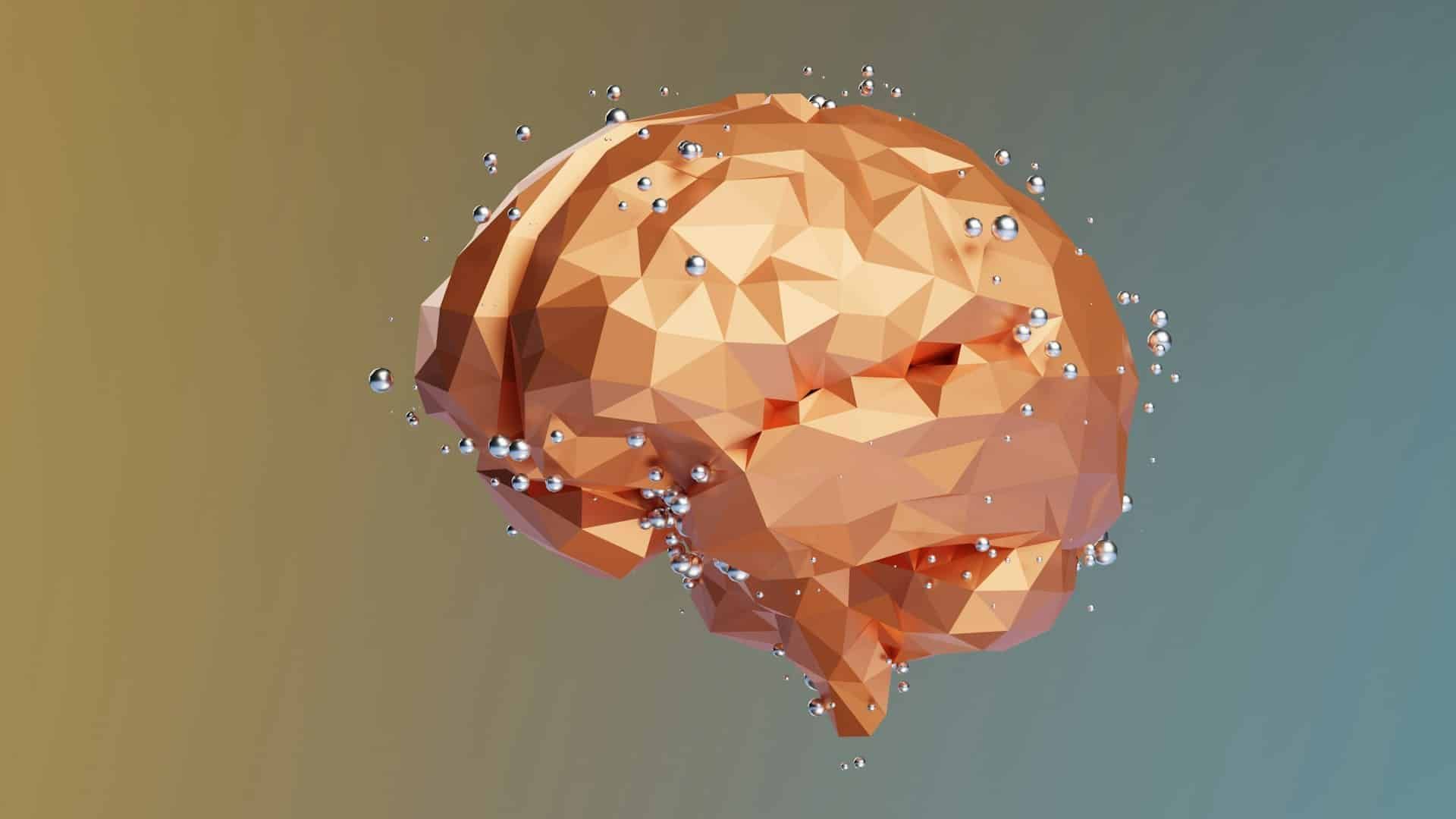 A low poly model of a human brain with bubbles coming out of it.