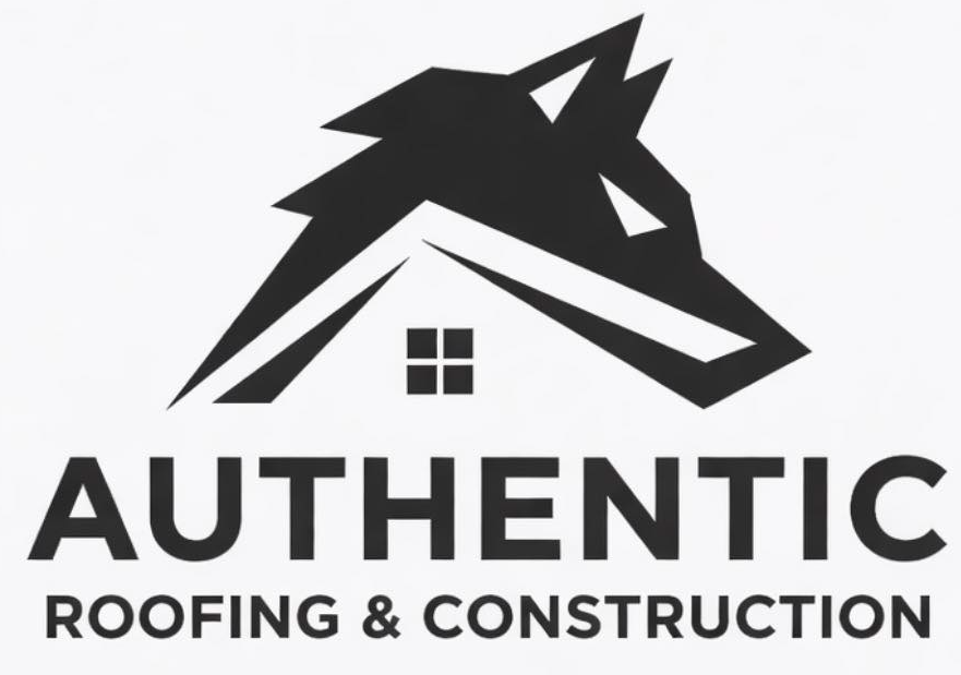 Authentic Roofing & Construction logo with a black house roof icon and bold text on a light background