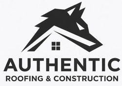 Authentic Roofing & Construction logo with a black house roof icon and bold text on a light background