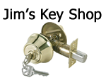 Jim's Key Shop logo with a gold doorknob and key with silver keys.