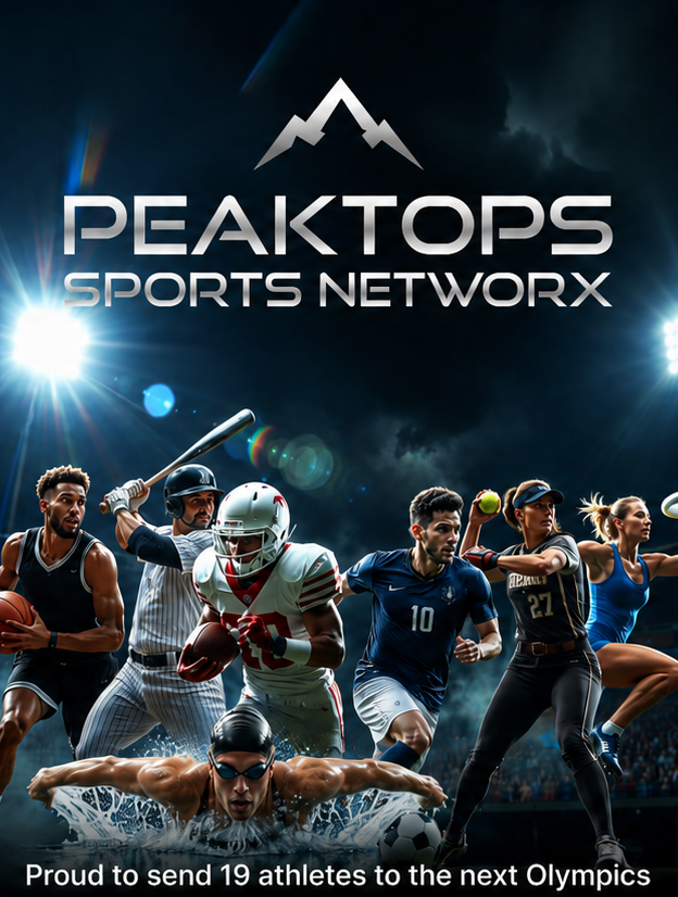 Peaktops Sports Network logo above athletes on a dark blue background, with slogan and Olympic promotion text