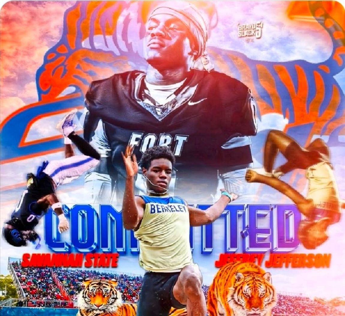 Collage of a football player in gold jersey with bold “COMMITTED” text and orange tiger-themed background