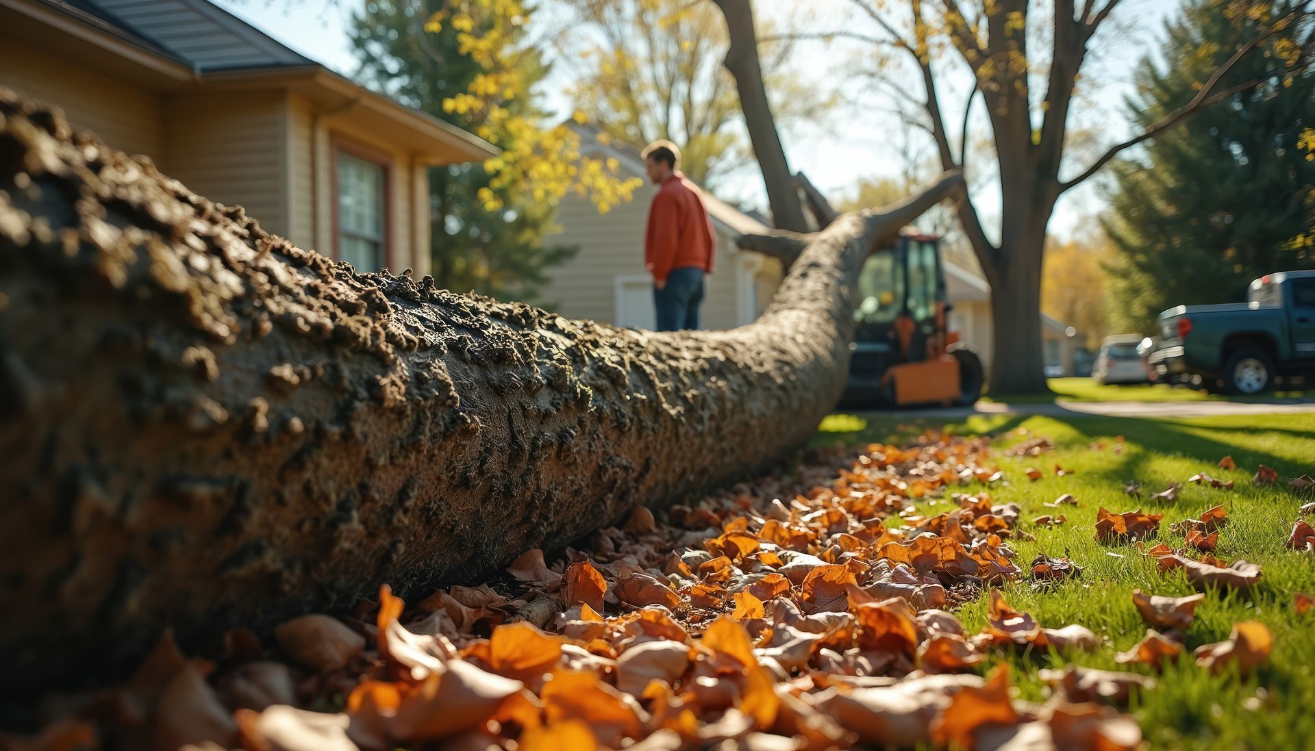 Worker uses loader equipment for the cleanup of a large trunk and branches. Worker uses loader equipment for the cleanup of a large trunk and branches.