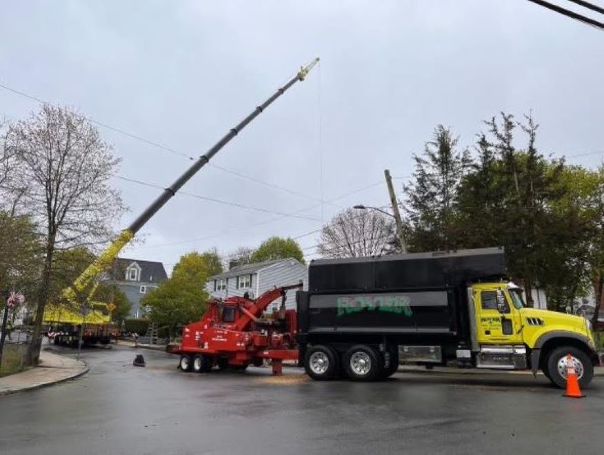 A crane lifting a telephone pole near a black truck on a wet street. Houses and trees in the background.