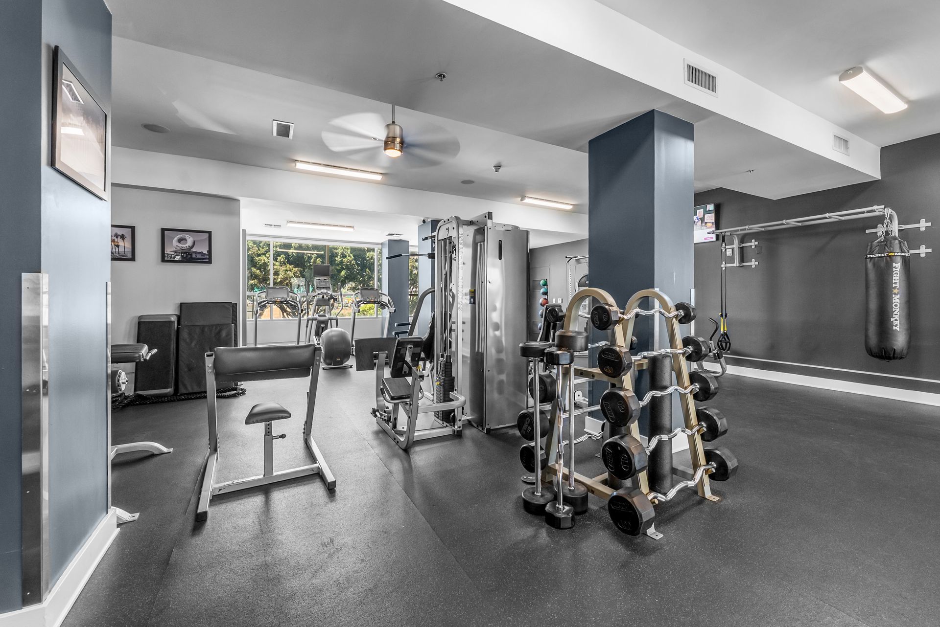 a fitness center with weights