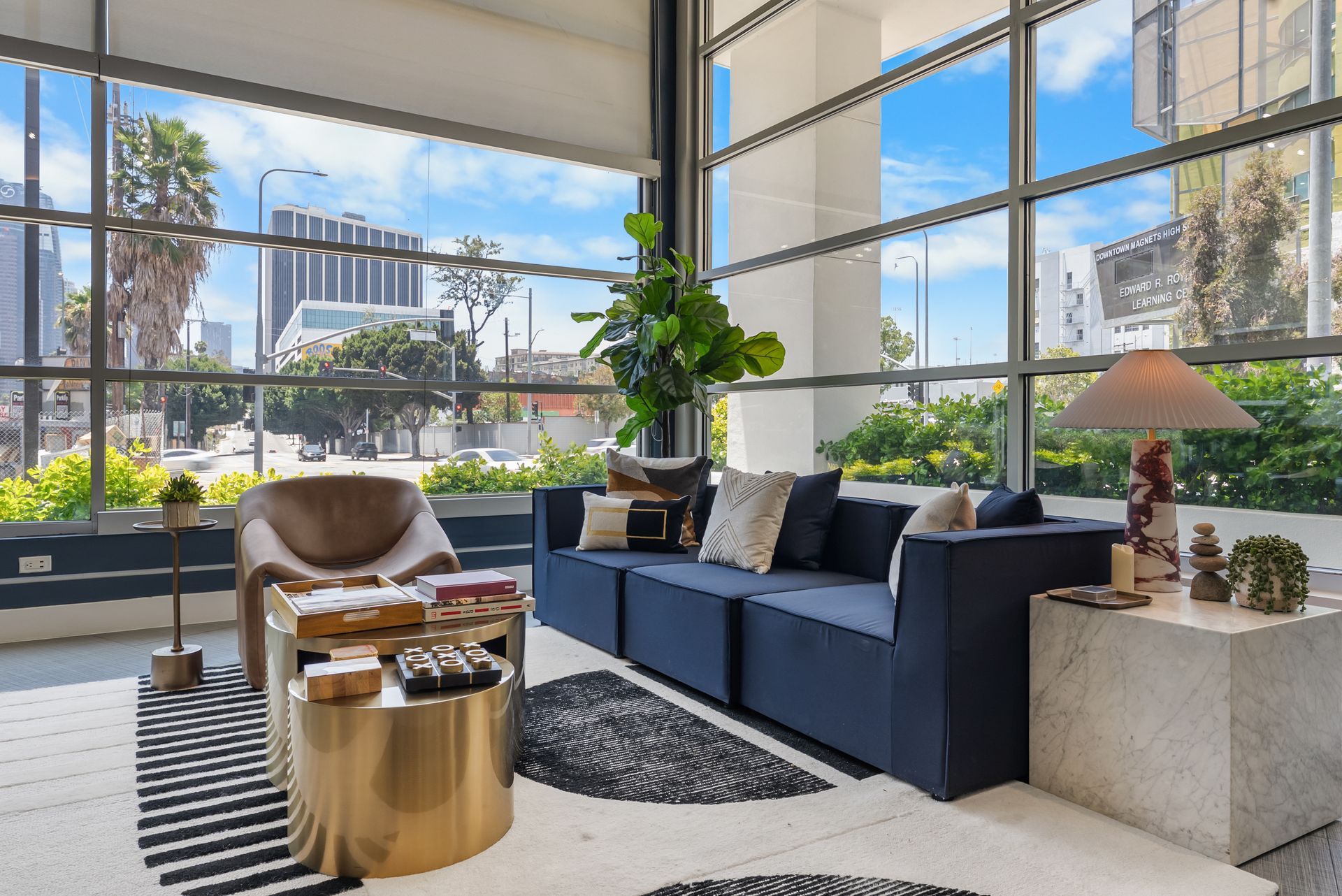a seating area with end tables 