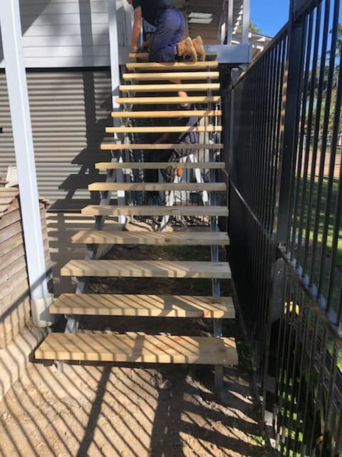 Wooden Outdoor Staircase With Metal Supports — Alcando Renovations and Maintenance In Harrington, NSW