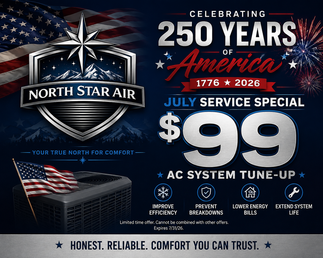 North Star Air ad celebrating 250 years of America, July 4 service special: $99 AC tune-up.