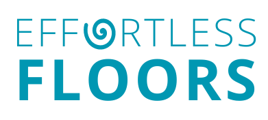 The logo for effortless floors is blue and white on a white background.