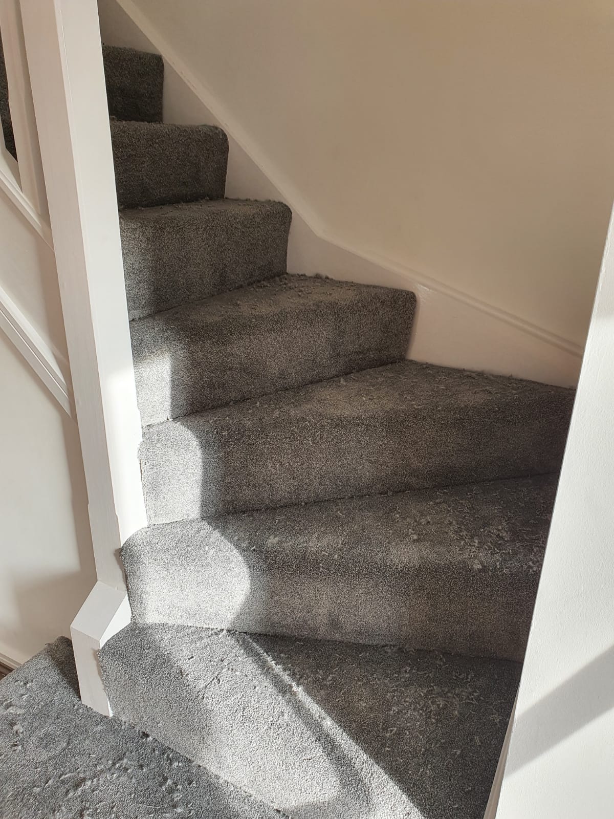 A close up of a set of stairs with a gray carpet.