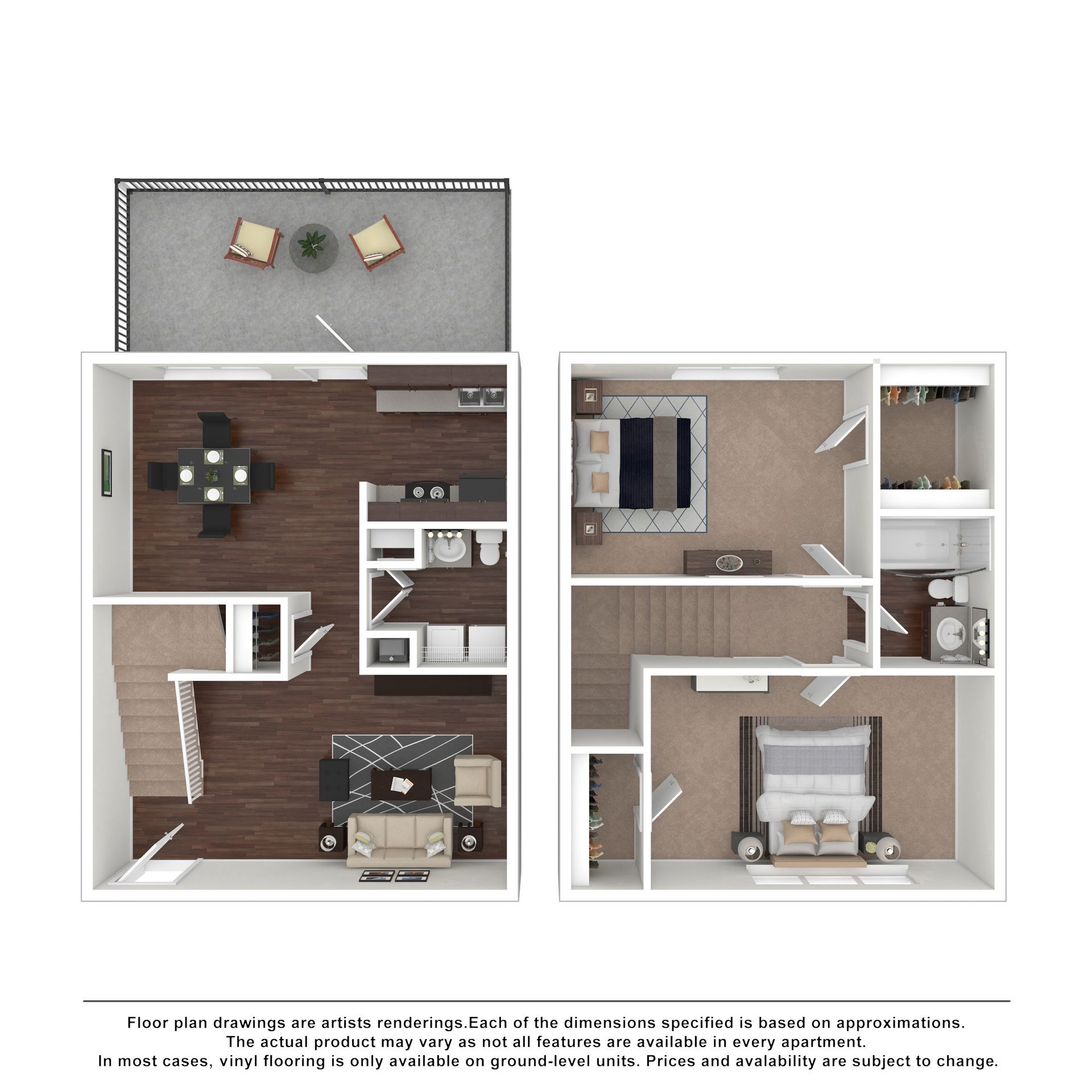 A two-story apartment floor plan showing a living area, kitchen, and patio on the first floor and two bedrooms above.