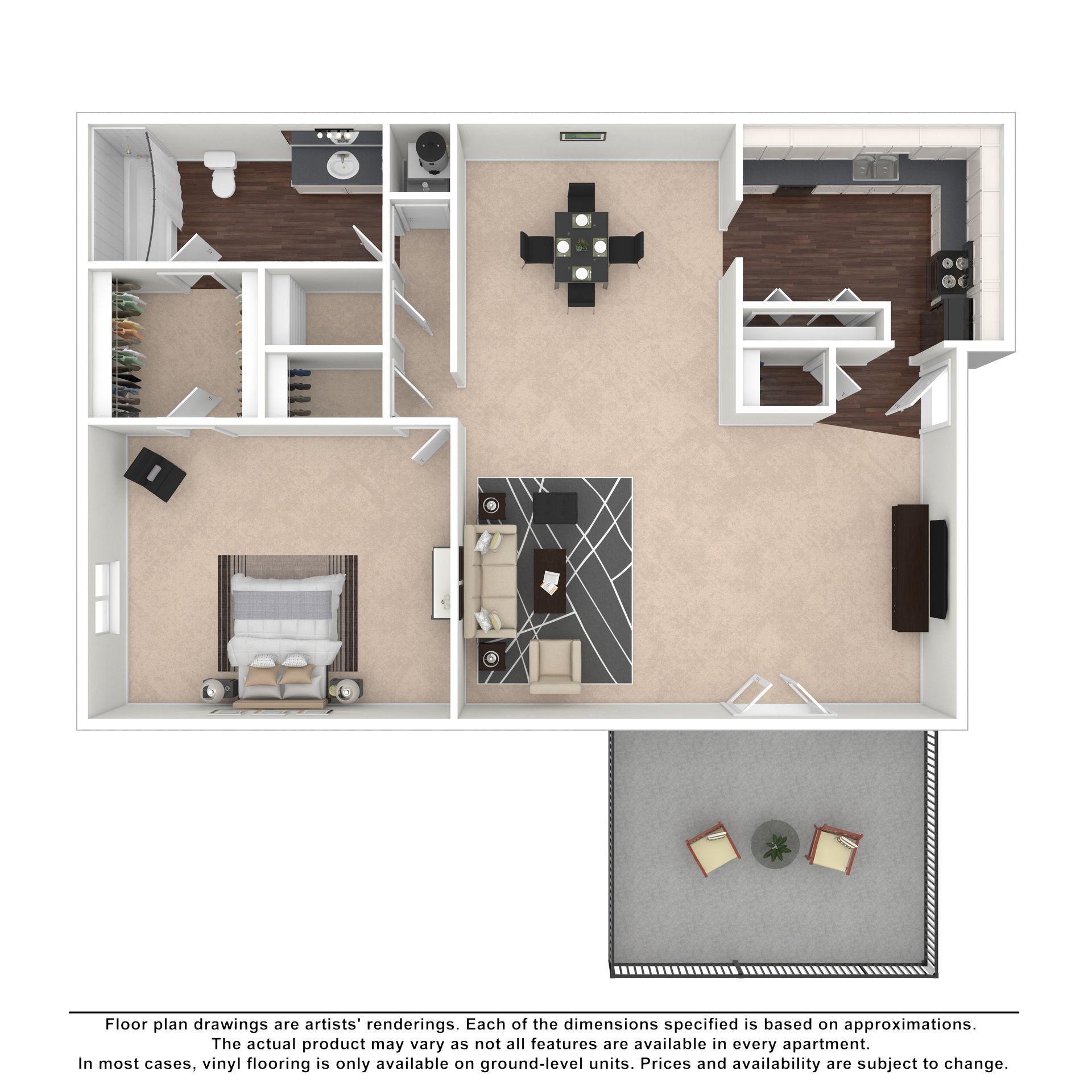 A two-story apartment floor plan showing a living area, kitchen, and patio on the first floor and two bedrooms above.