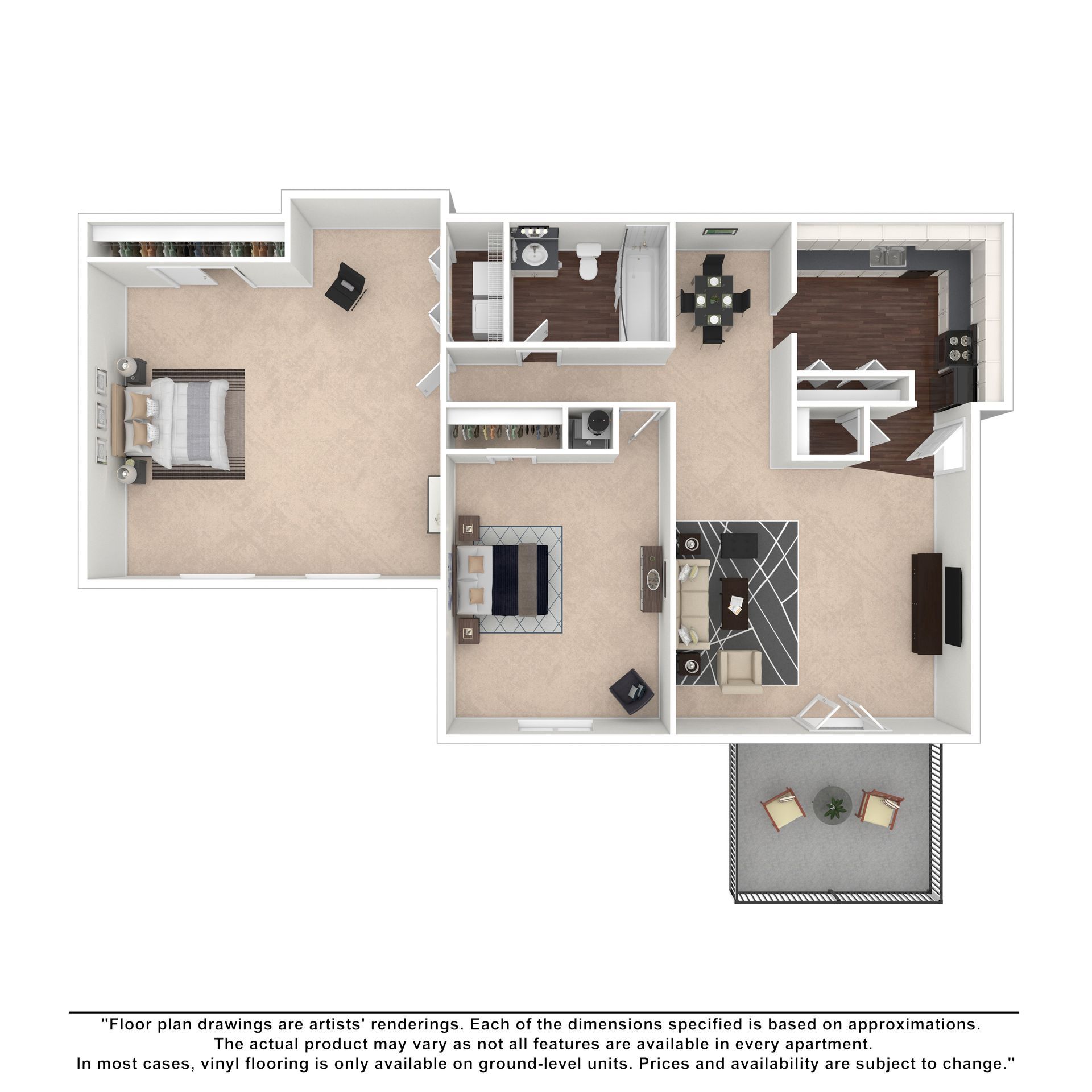 Floor plan of a two-story apartment with a patio, open living and dining area, kitchen, three bedrooms, and two bathrooms.