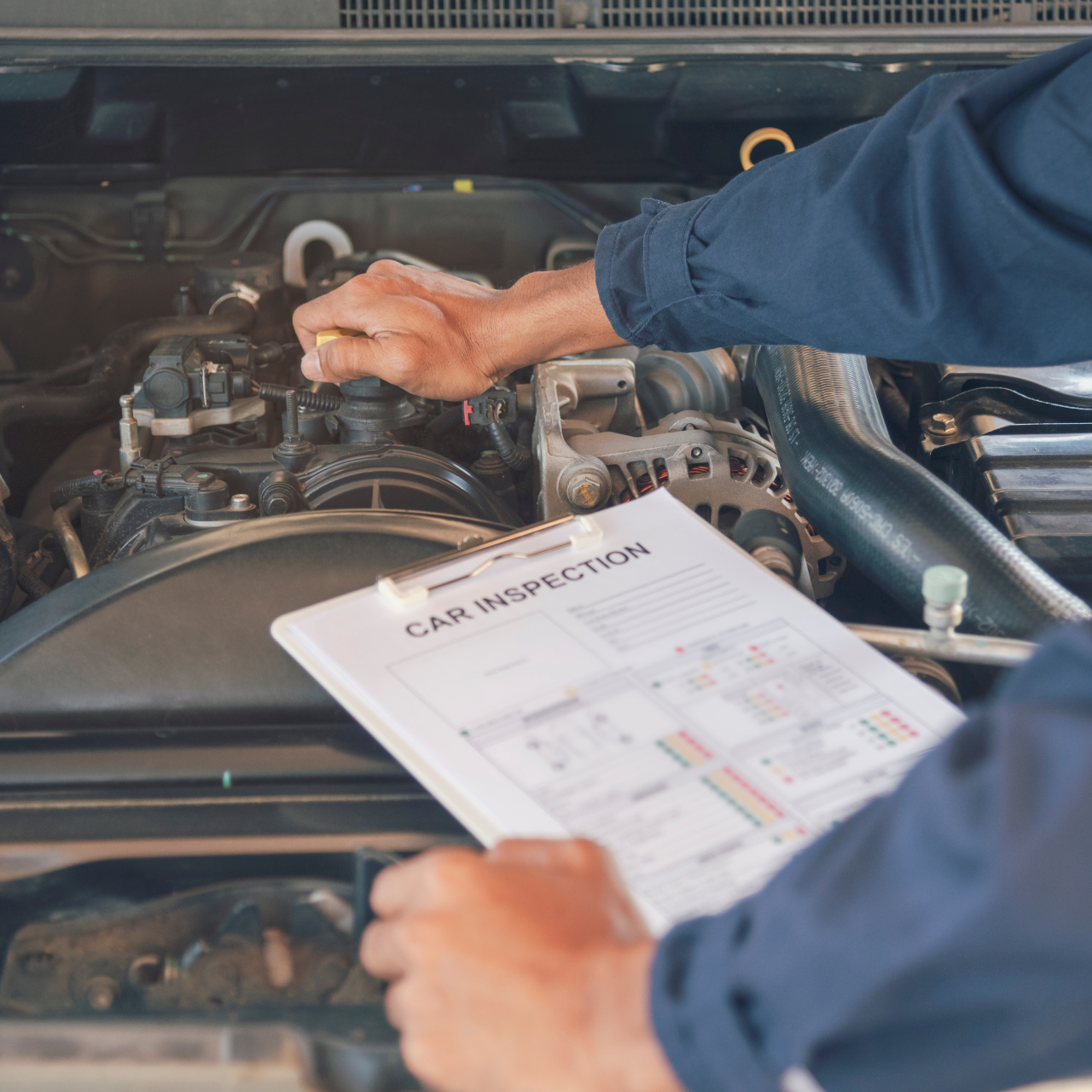 Mechanic inspecting a car engine while holding a checklist in the garage
