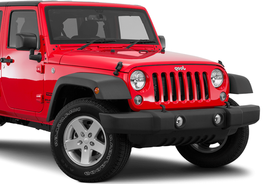 A red jeep is parked on a white background.