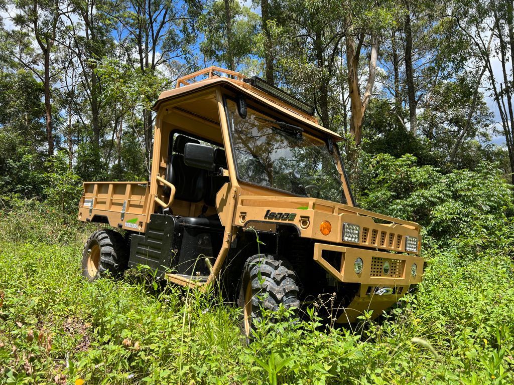 A tan, military-style utility vehicle parked in a grassy, wooded area on a sunny day.