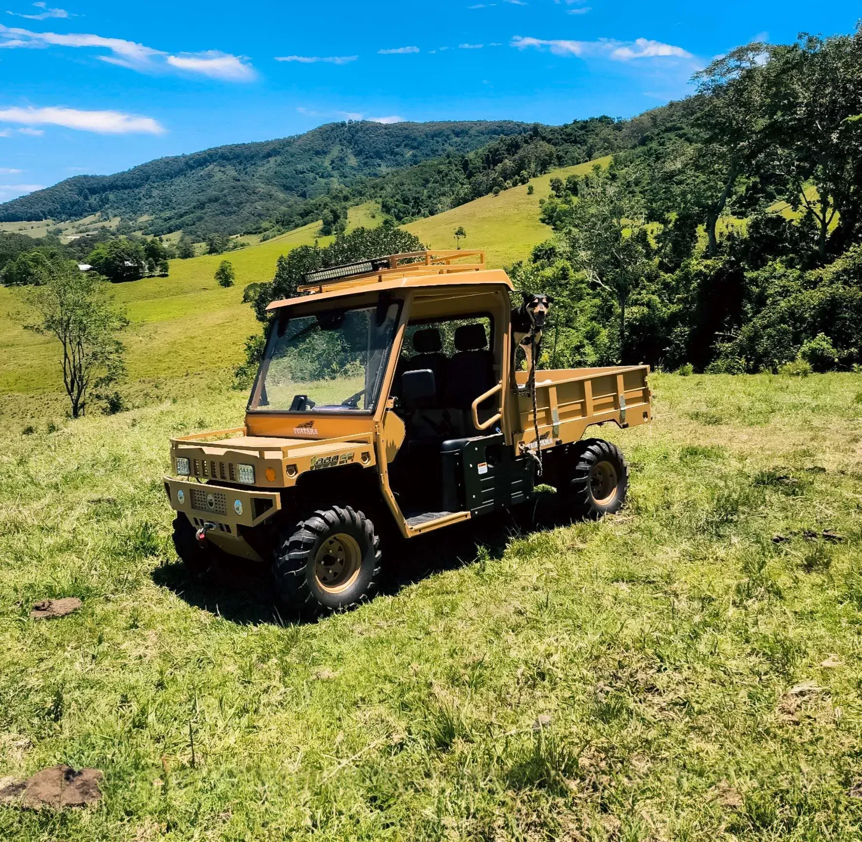 A tan, utility-style off-road vehicle sits parked in a grassy, hilly rural field under a bright blue sky.
