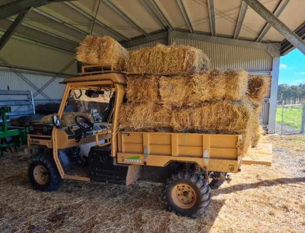 A yellow utility vehicle parked in a barn, heavily loaded with stacked rectangular straw bales.