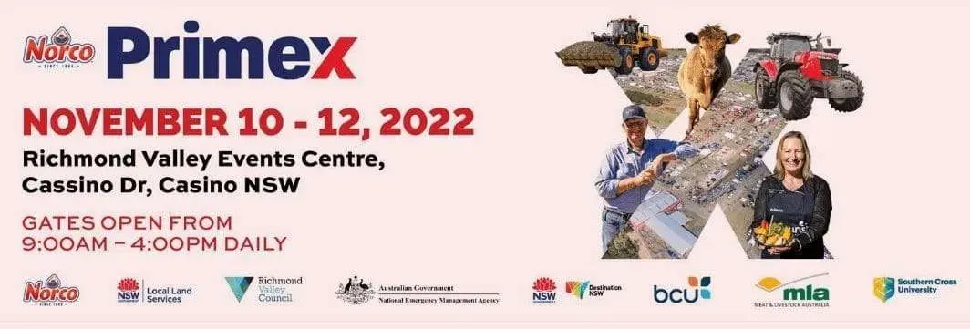 Event banner for Primex, November 10–12, 2022, at Richmond Valley Events Centre, Casino, NSW. Gates open 9am–4pm daily.