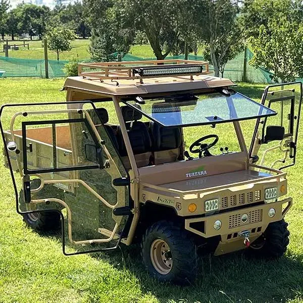A tan utility terrain vehicle with an open-air cabin, cargo bed, and roof rack parked on a grassy field.