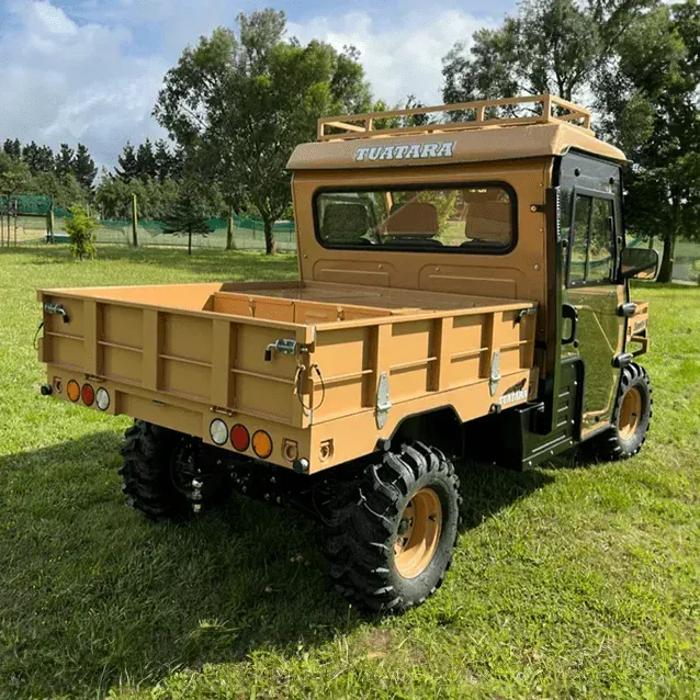 A tan UTV utility vehicle with a drop-side cargo bed and a roof rack parked on a grassy field.