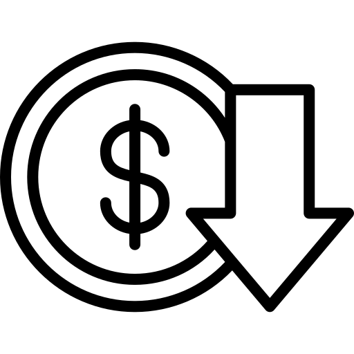 A black line-art icon of a dollar sign inside a circle with an arrow pointing downward next to it.