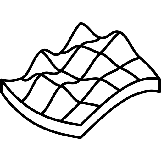 A line-art illustration of a 3D topographic surface map with a grid overlay.