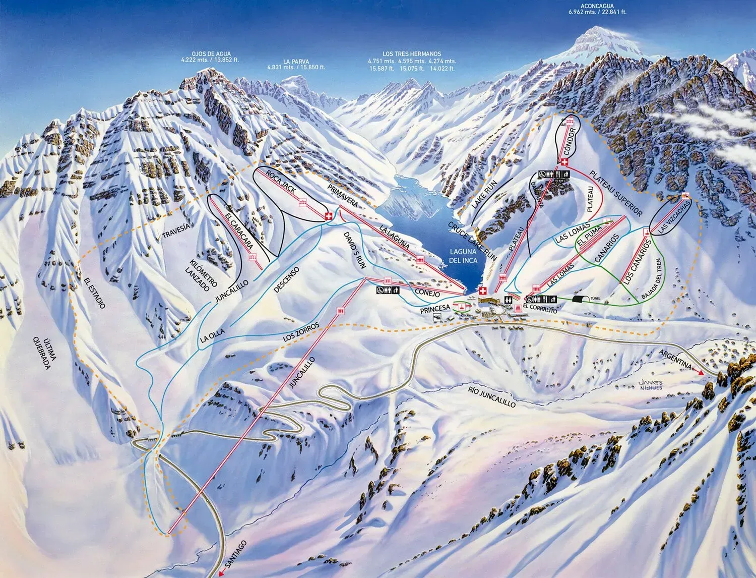 Alpine ski trail map with blue runs, lift icons, and mountain peaks under a clear sky