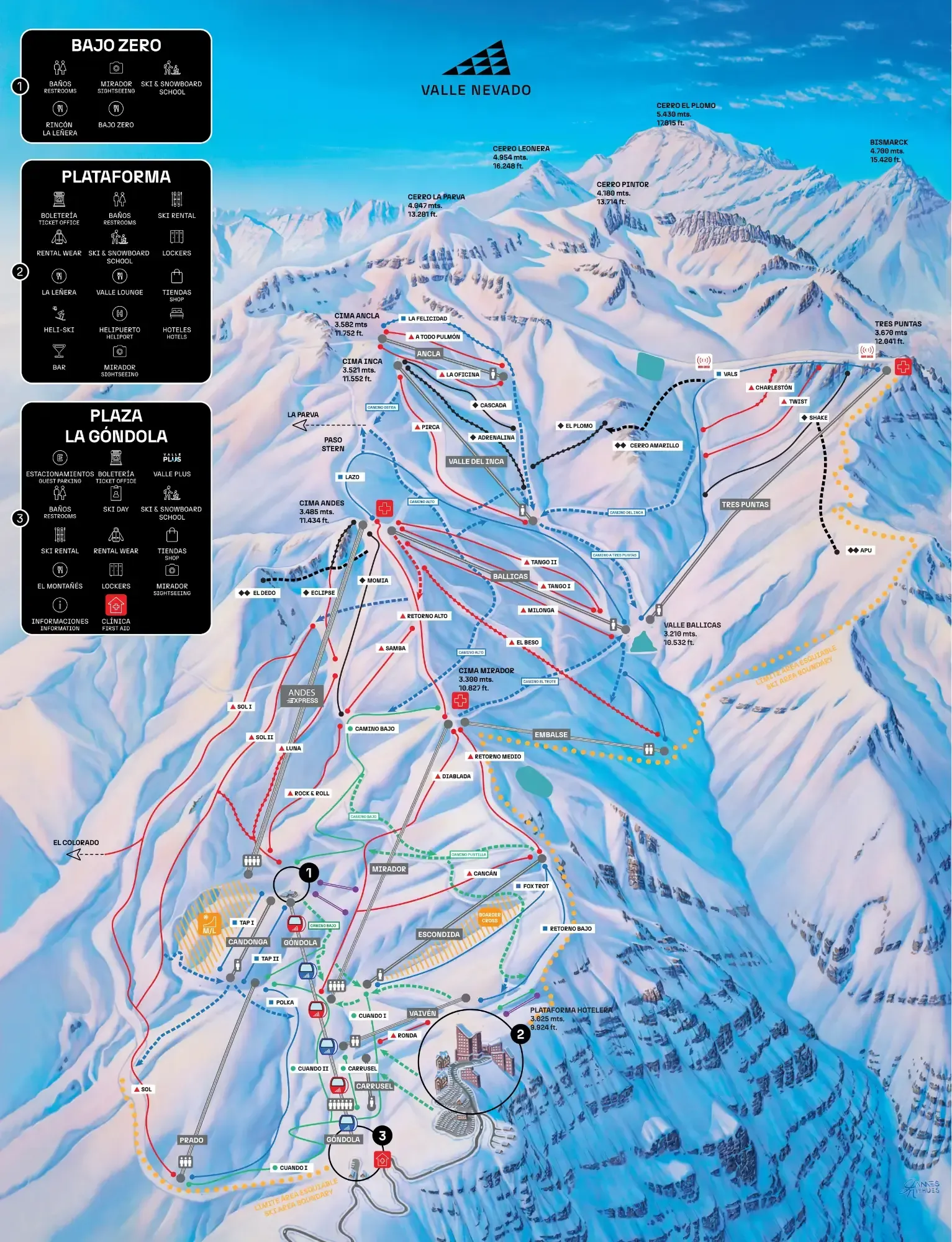 Alpine ski trail map with blue runs, lift icons, and mountain peaks under a clear sky