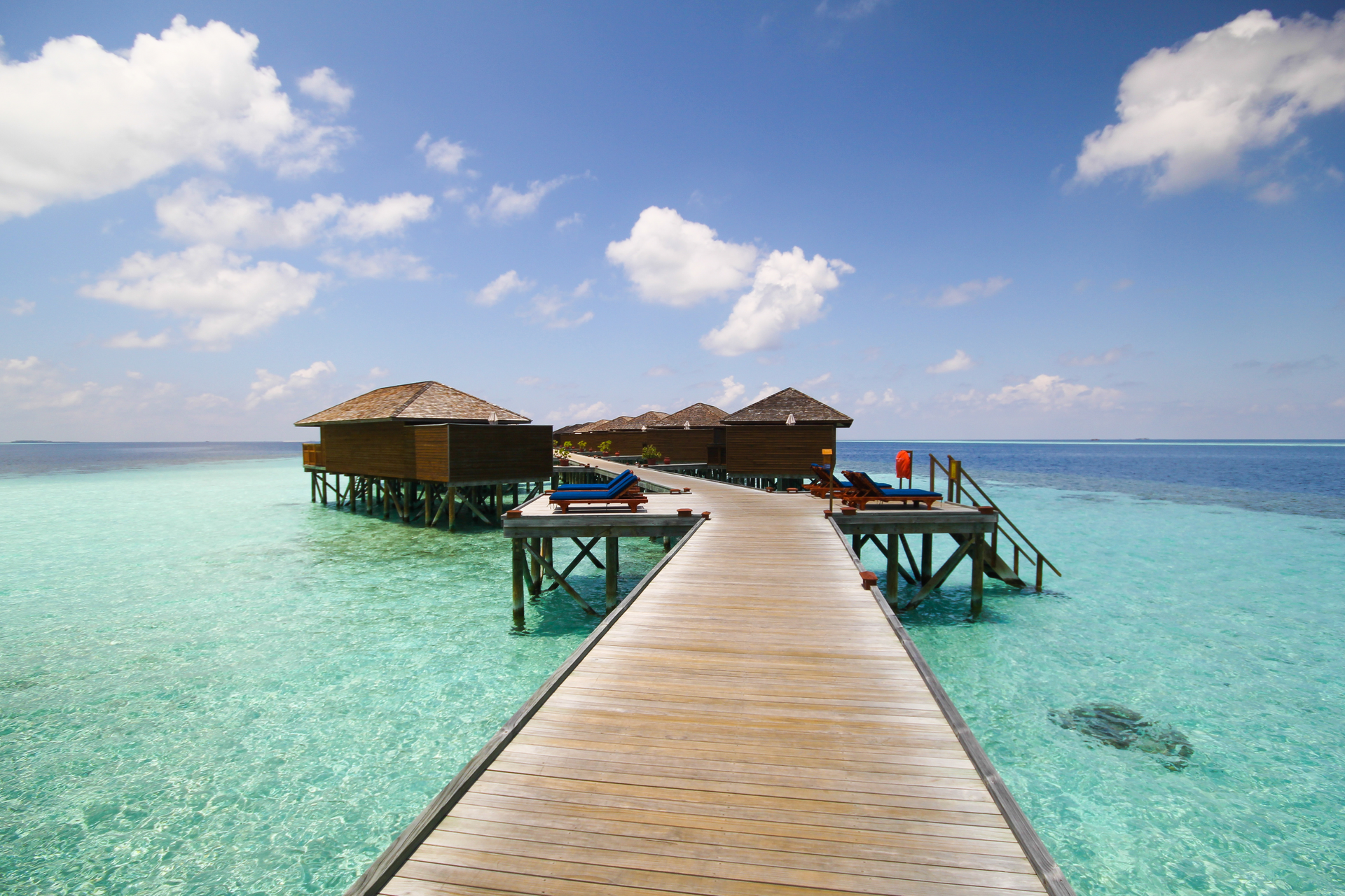 A wooden dock leading to a small island in the middle of the ocean