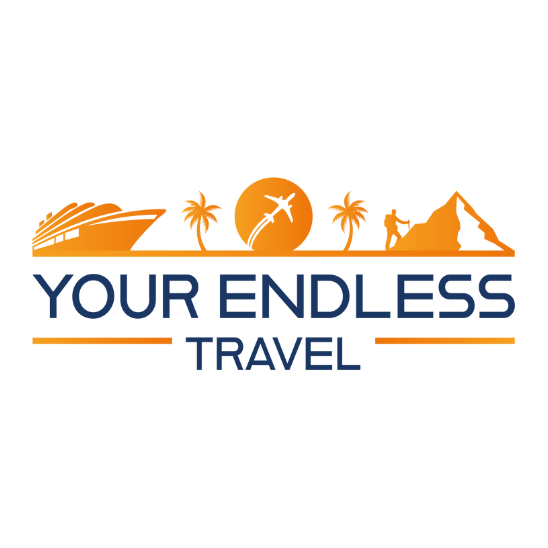 The logo for your endless travel shows a boat , mountains , palm trees and an airplane.