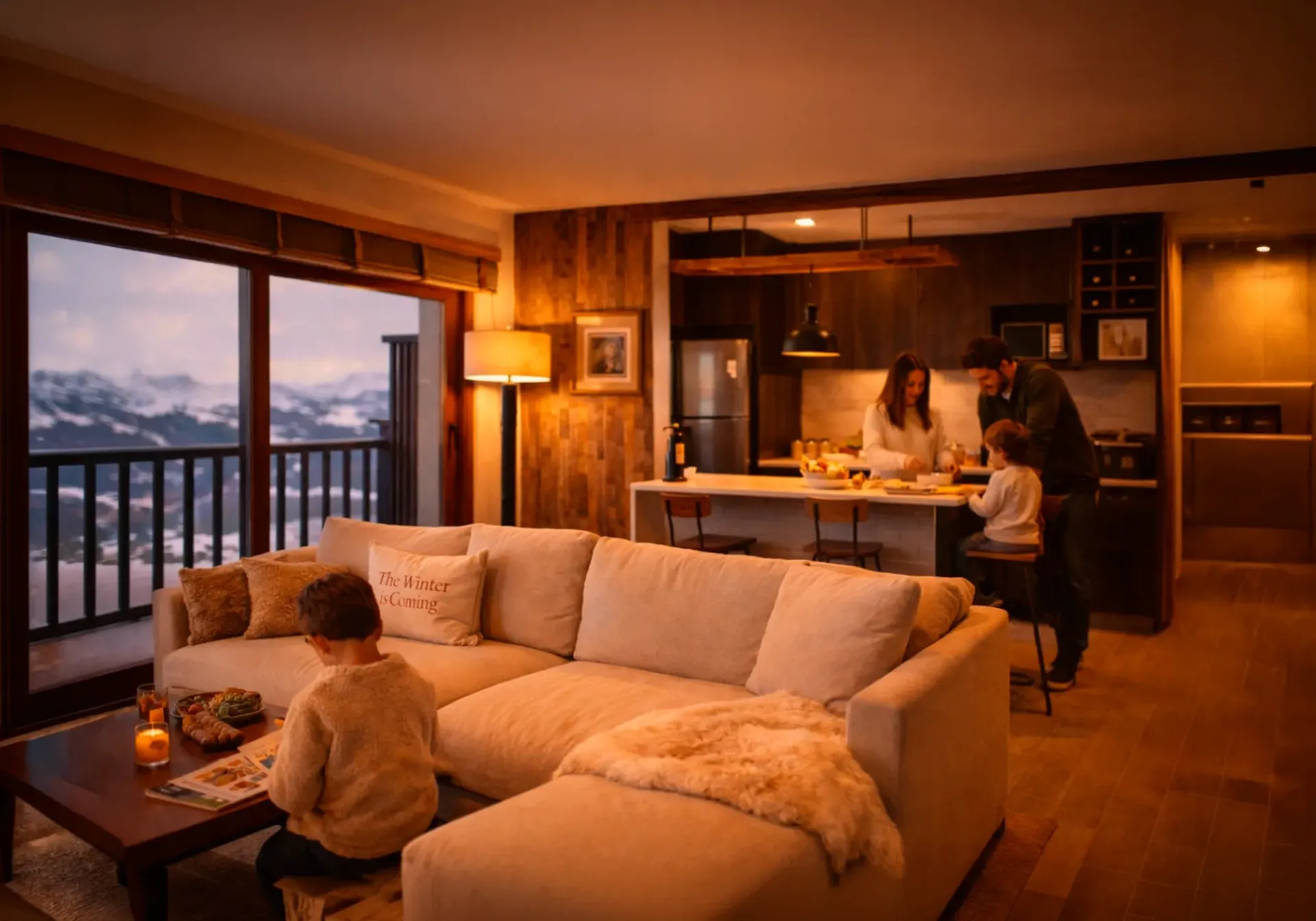Cozy living room at sunset with people in a kitchen and a child on a couch overlooking mountains