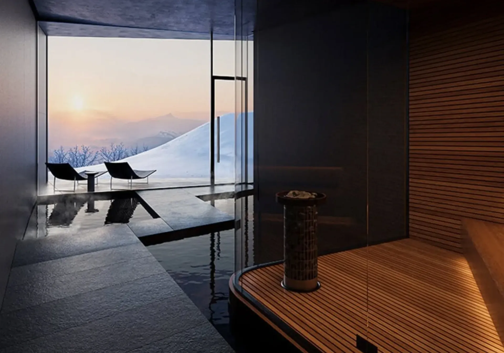 Warm living room with sofa, child on floor, two people in kitchen, and a sunset view through large windows