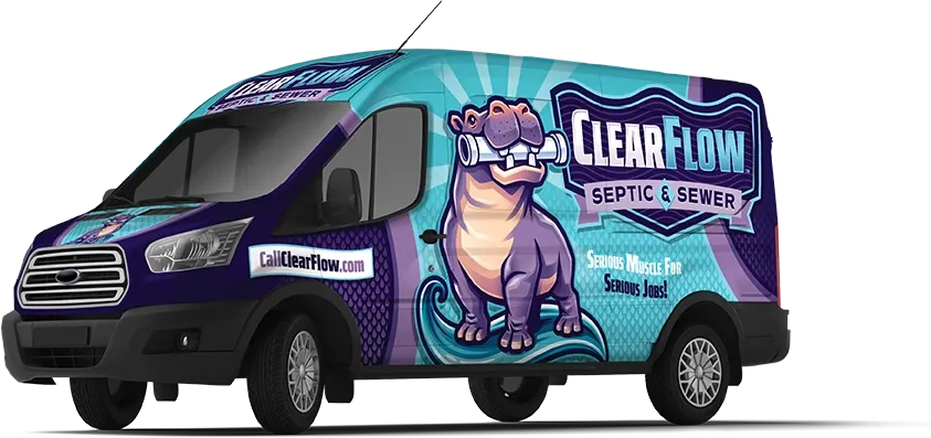 A van with a ClearFlow Septic & Sewer logo featuring a cartoon hippo.