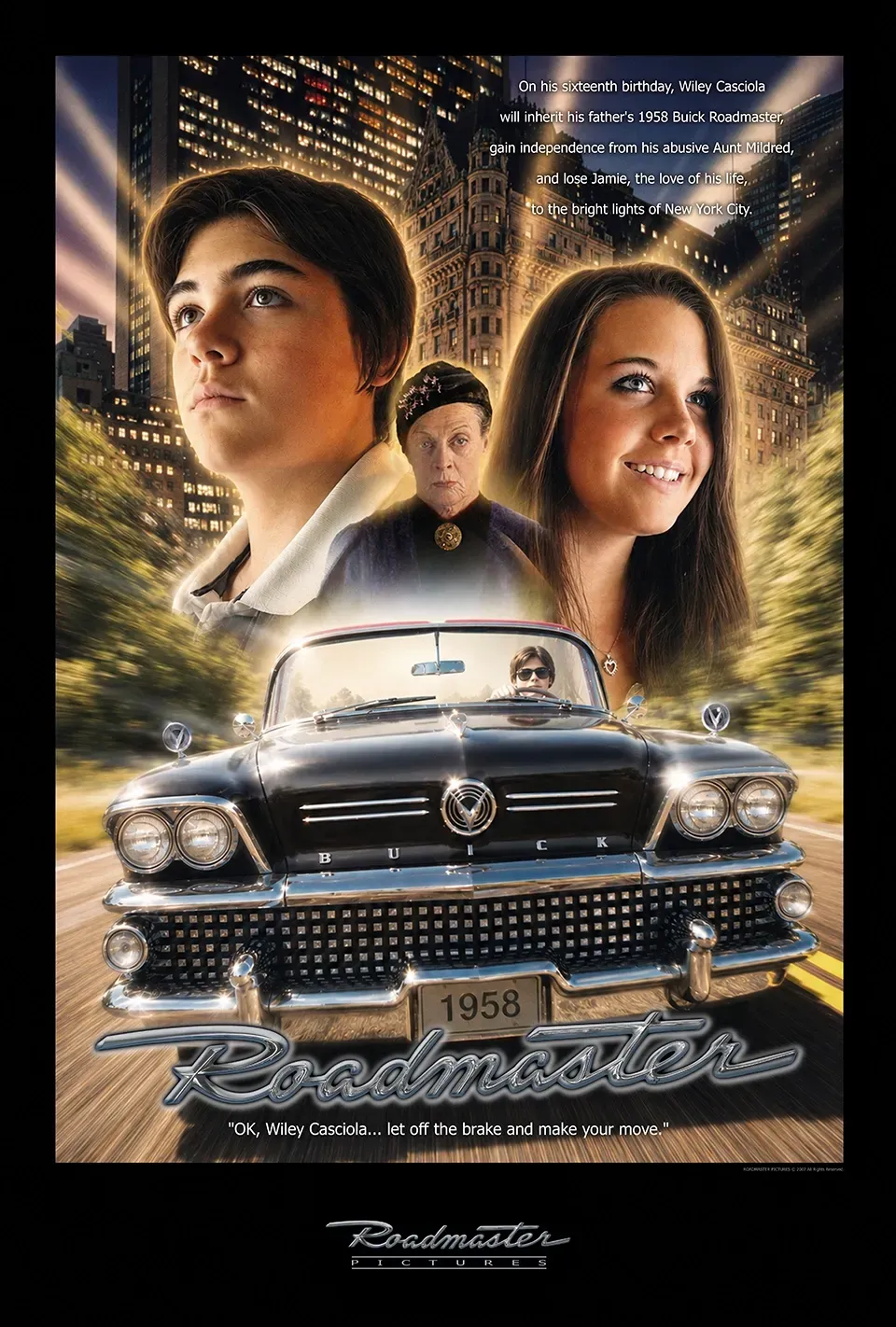 Movie poster featuring a classic black car, a glowing tunnel, and two faces above the title